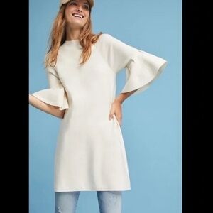 Anthropologie Moth Ivory Knit Bell Sleeve Sweater Tunic Top or Mini Dress SZ M